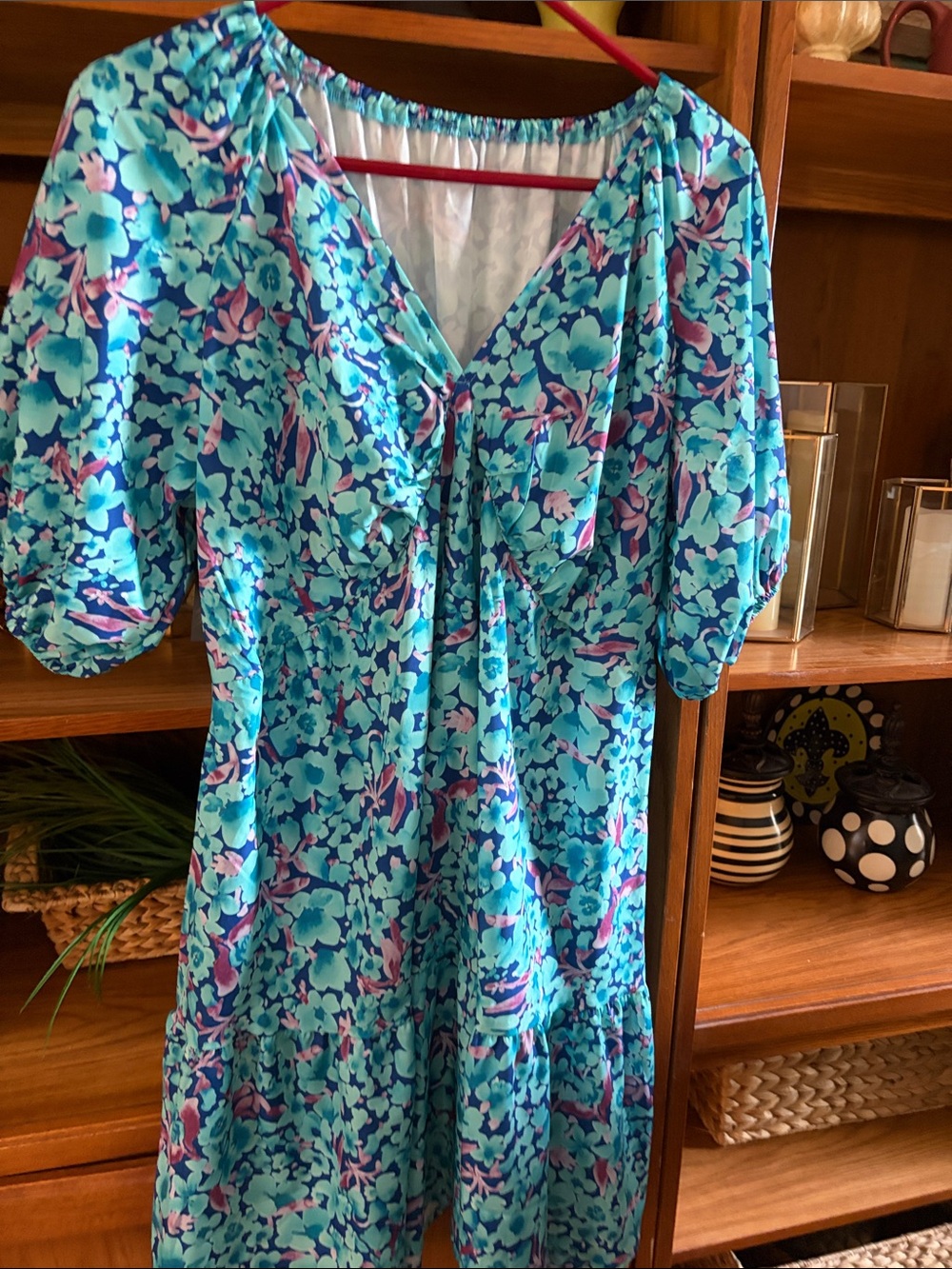 Aqua Floral Tiere Dress with Puff Sleeves